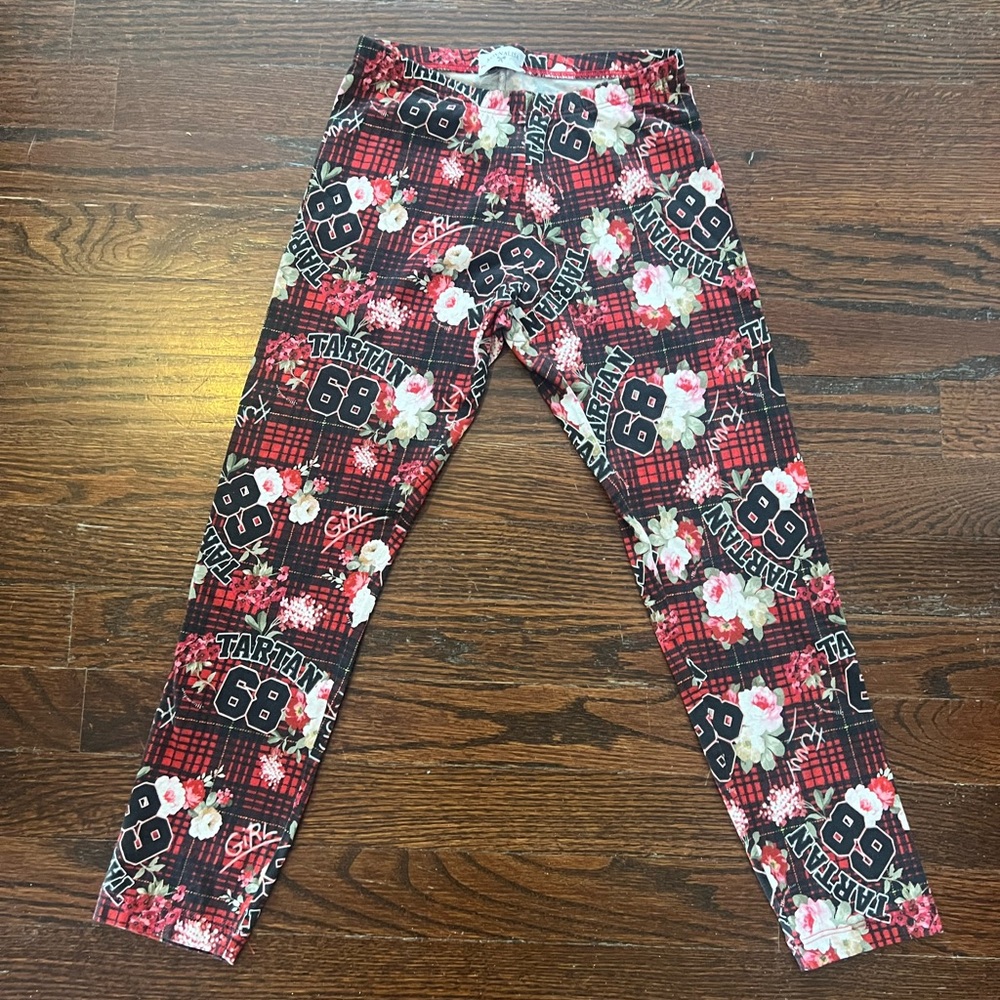 Girls Monnalisa Tartan 68 leggings Res and black plaid floral detail Size 10